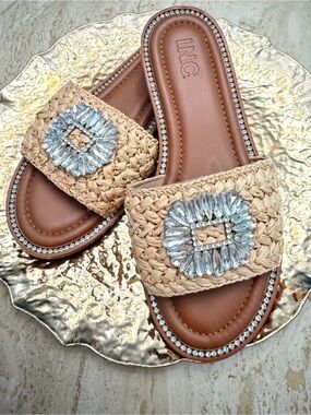 INC International Concepts Natural Raffia Slide Sandals with Crystal Buckle